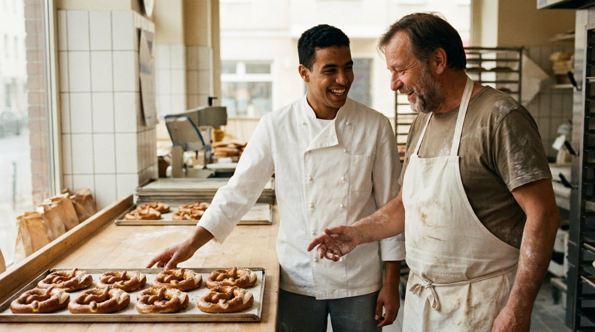 Un apprenti marocain et un maître boulanger allemand dans une boulangerie