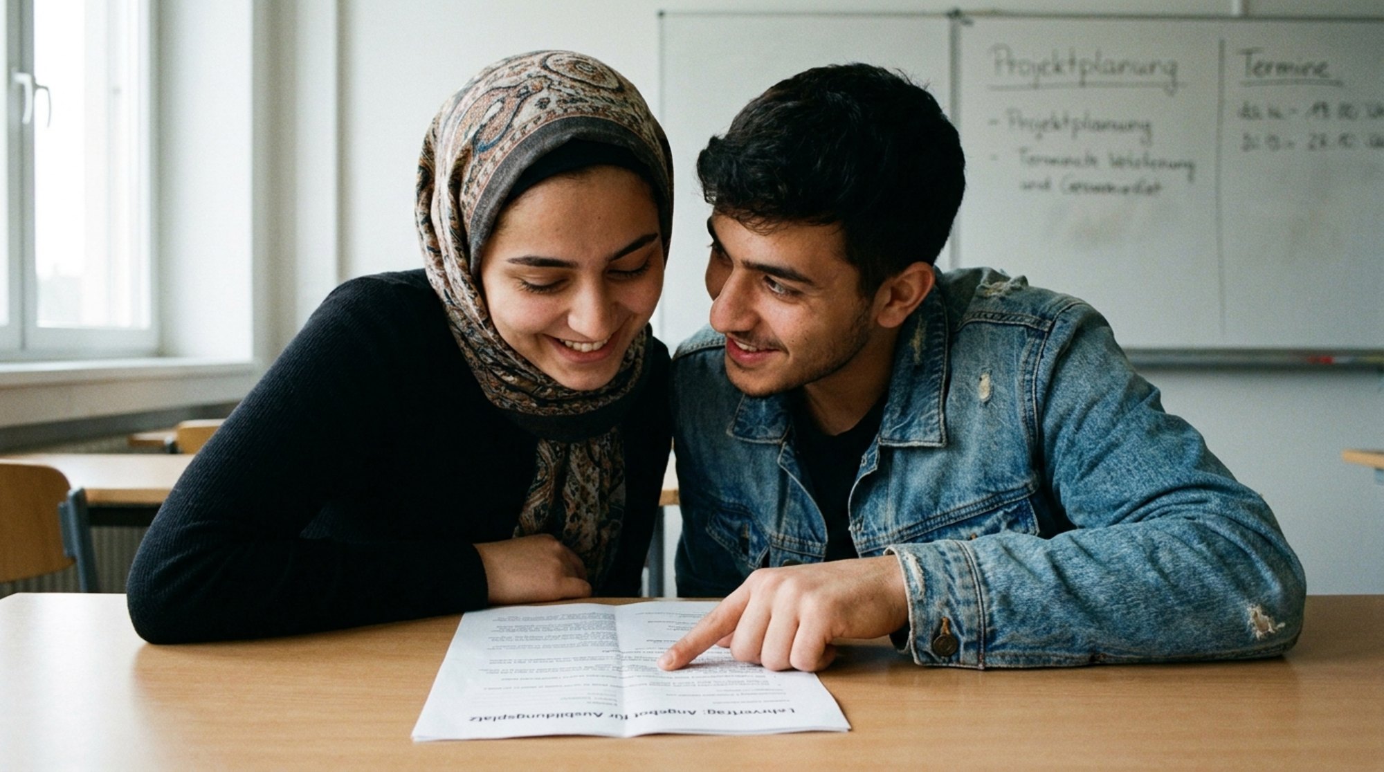 Deux étudiants marocains lisant une offre d'apprentissage allemande