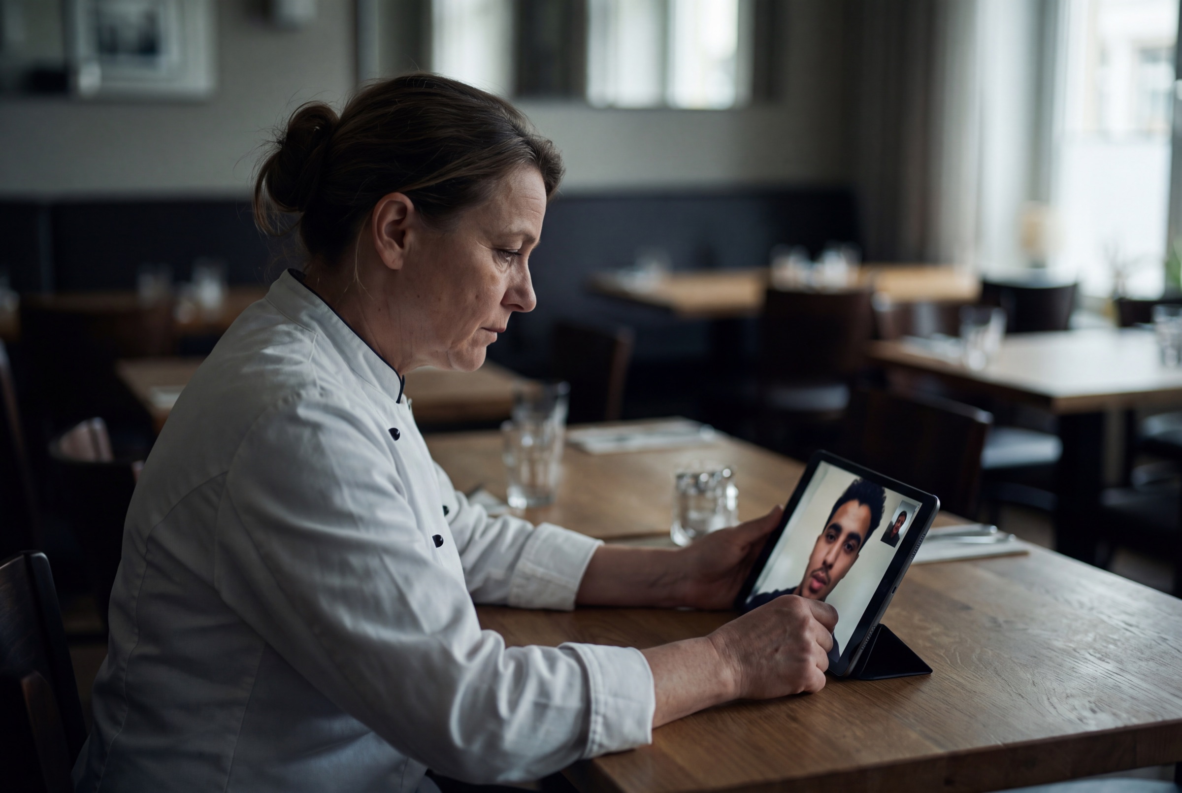 Restaurantinhaberin im Videogespräch mit einem Bewerber
